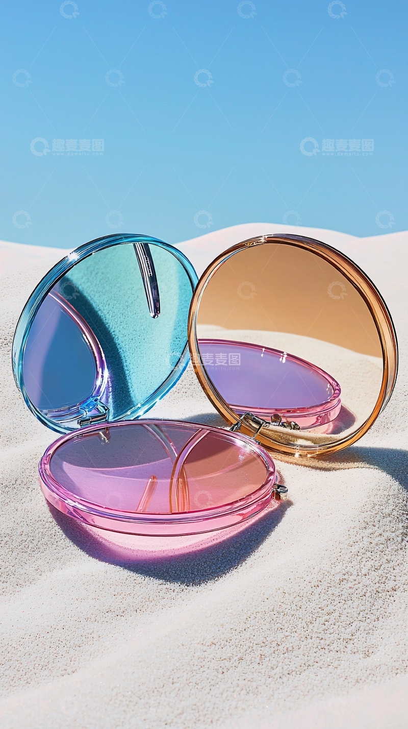 高清大图下载【趣麦麦图】沙滩上三款彩色圆形镜子