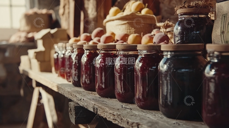 高清大图下载【趣麦麦图】木桌上成排的果酱瓶