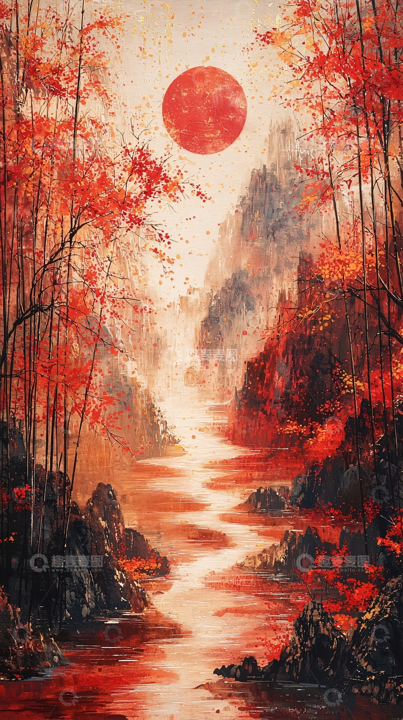 高清大图下载【趣麦麦图】红色日出下的秋日山水画