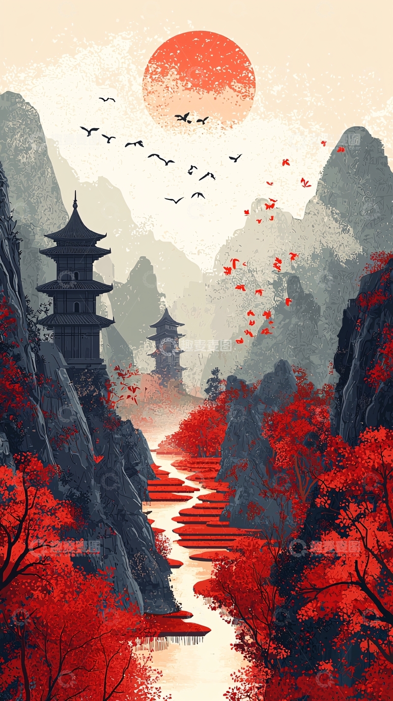 高清大图下载【趣麦麦图】红叶山谷日出寺庙