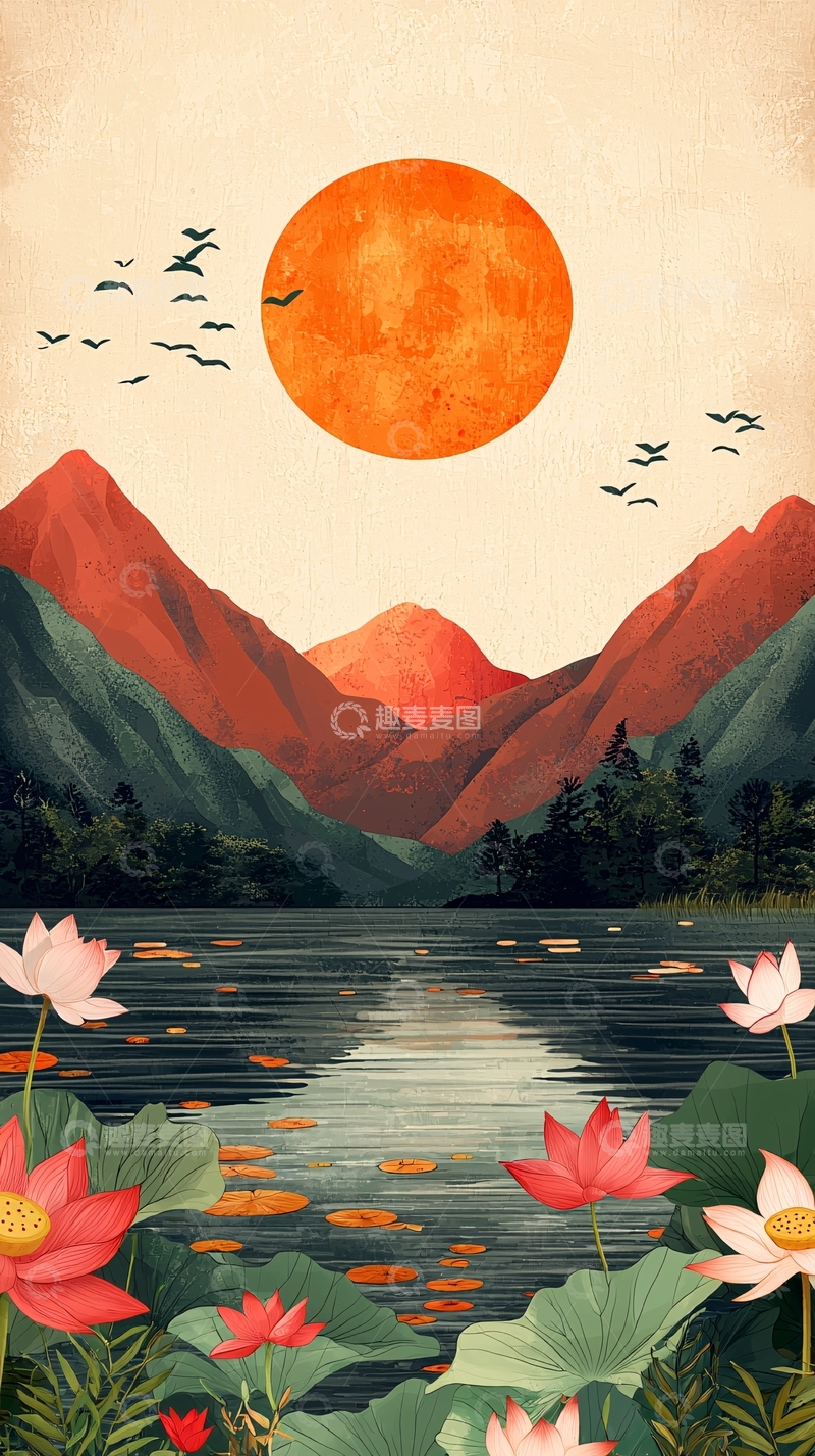 高清大图下载【趣麦麦图】宁静湖面山水莲花夕阳