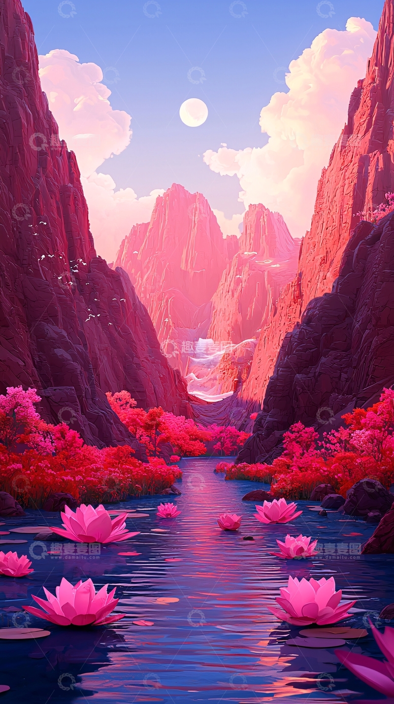 高清大图下载【趣麦麦图】粉色山谷河流