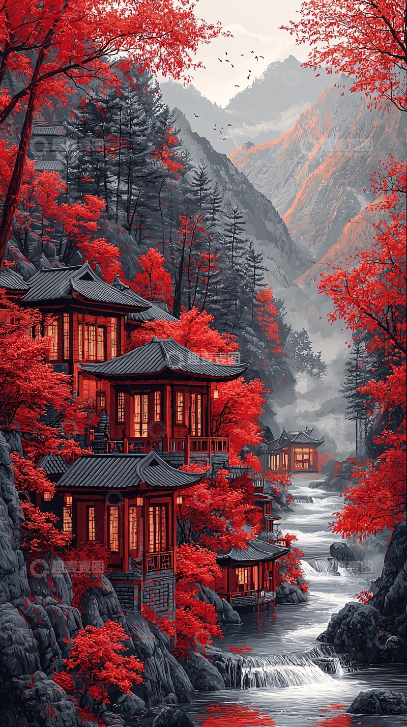 高清大图下载【趣麦麦图】红色秋叶掩映下的古风建筑