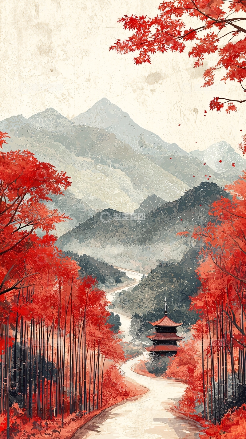 高清大图下载【趣麦麦图】红色枫叶山间古塔
