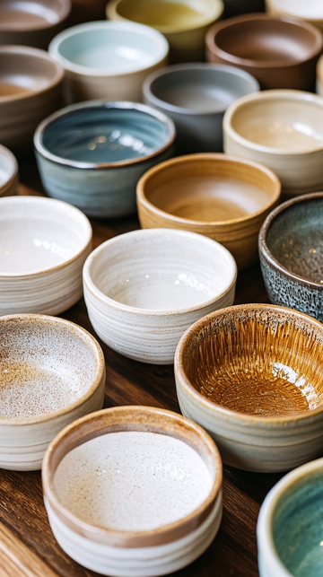 各种颜色的小碗摆放在木桌上