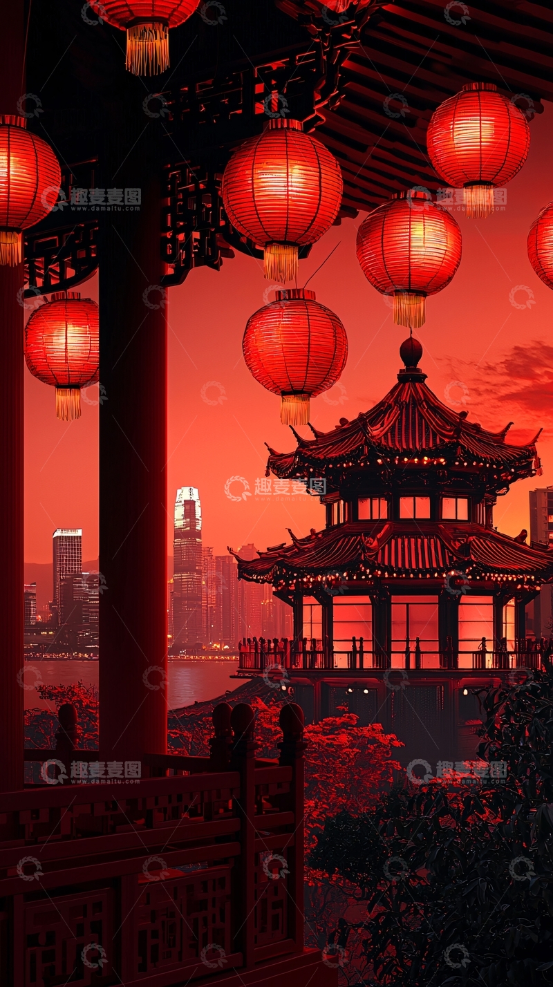 高清大图下载【趣麦麦图】红灯笼夜景中式建筑