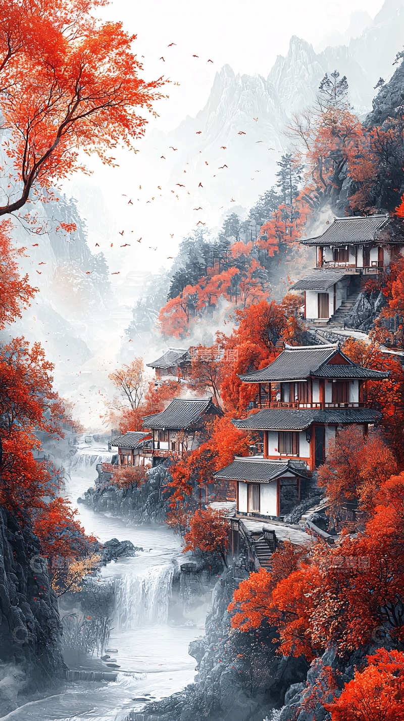 高清大图下载【趣麦麦图】红叶山间古镇