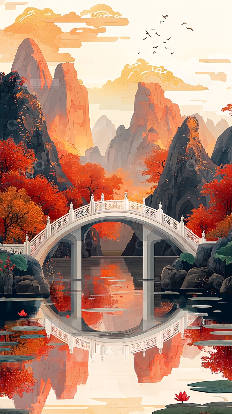 高清大图下载【趣麦麦图】-国风山水秋景白桥