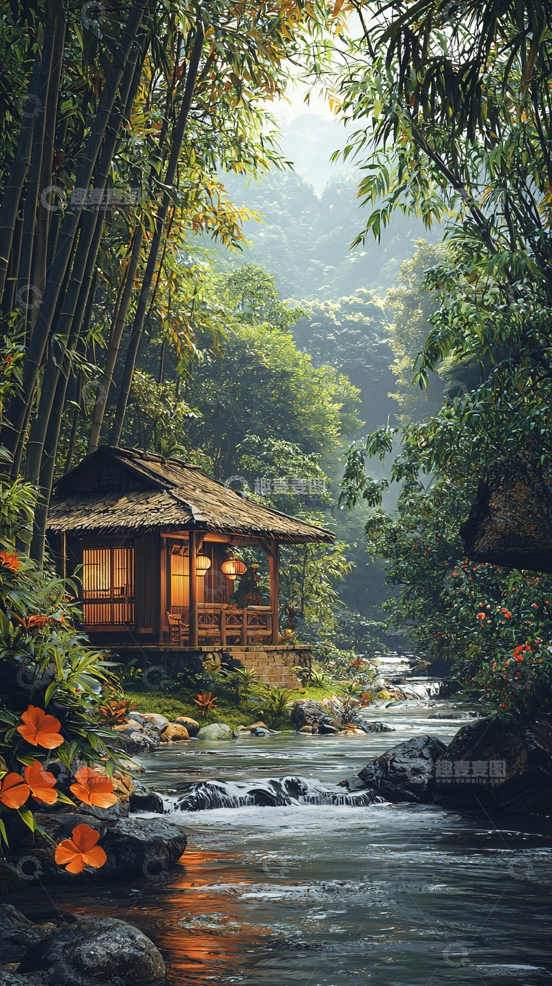 高清大图下载【趣麦麦图】林间小屋溪流竹林