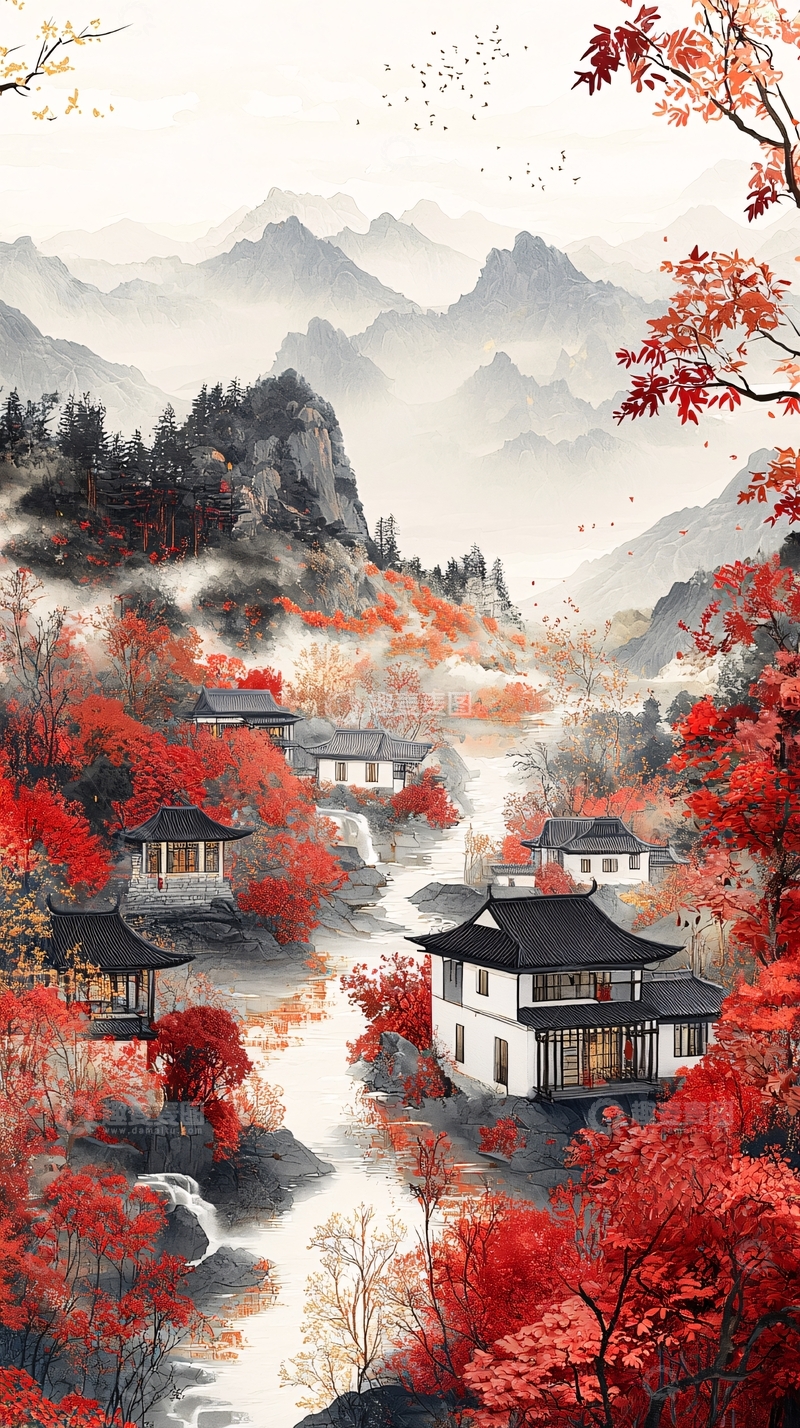 高清大图下载【趣麦麦图】水墨风格的秋日山村美景