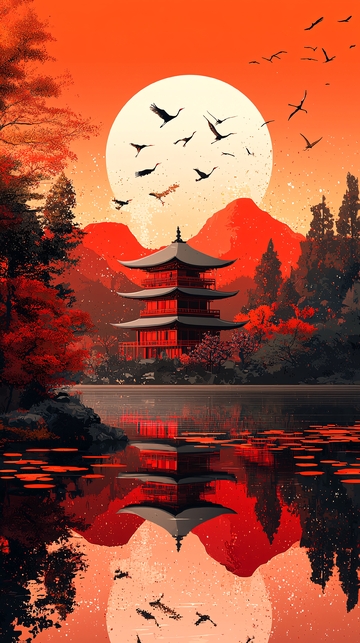日式水面倒影唯美风景