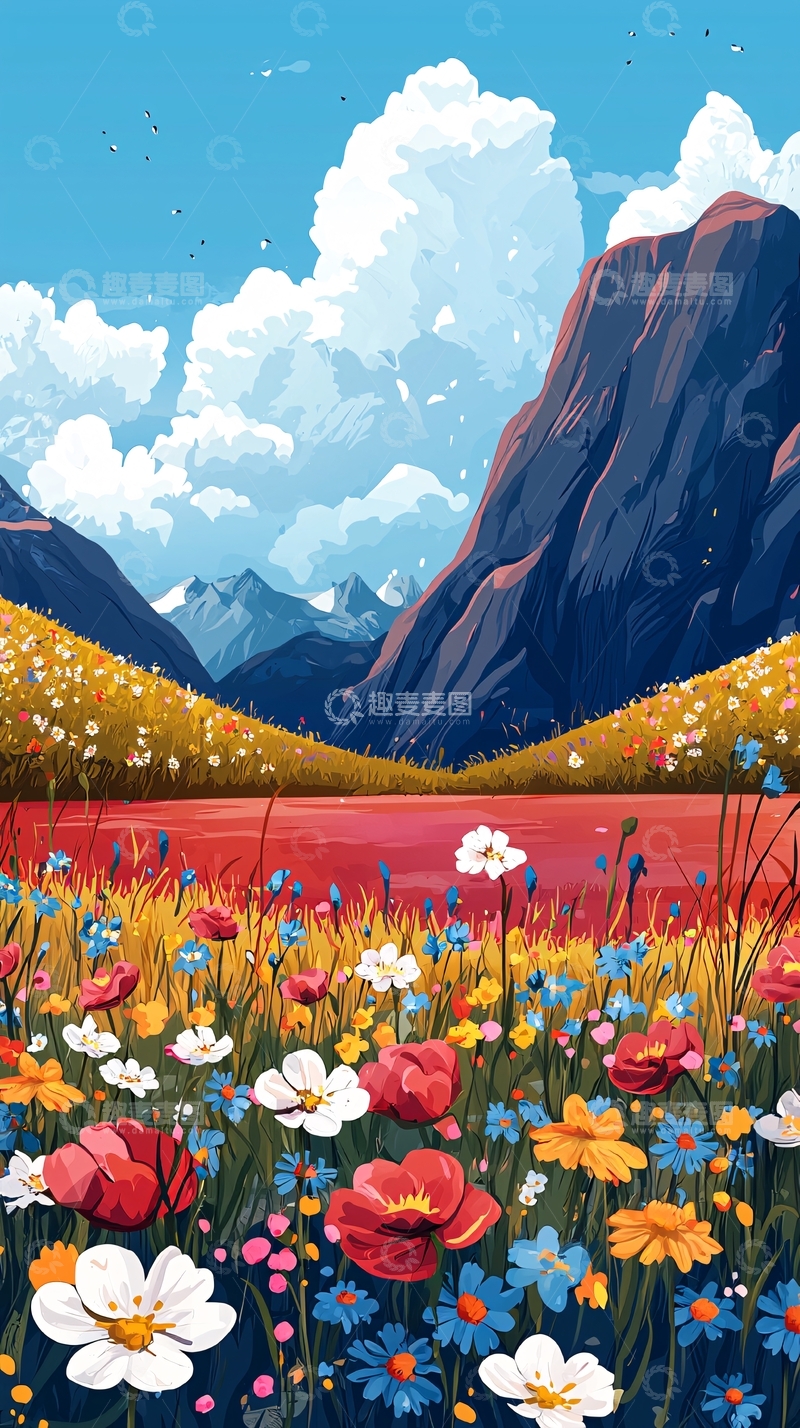 高清大图下载【趣麦麦图】山峦花海风景画