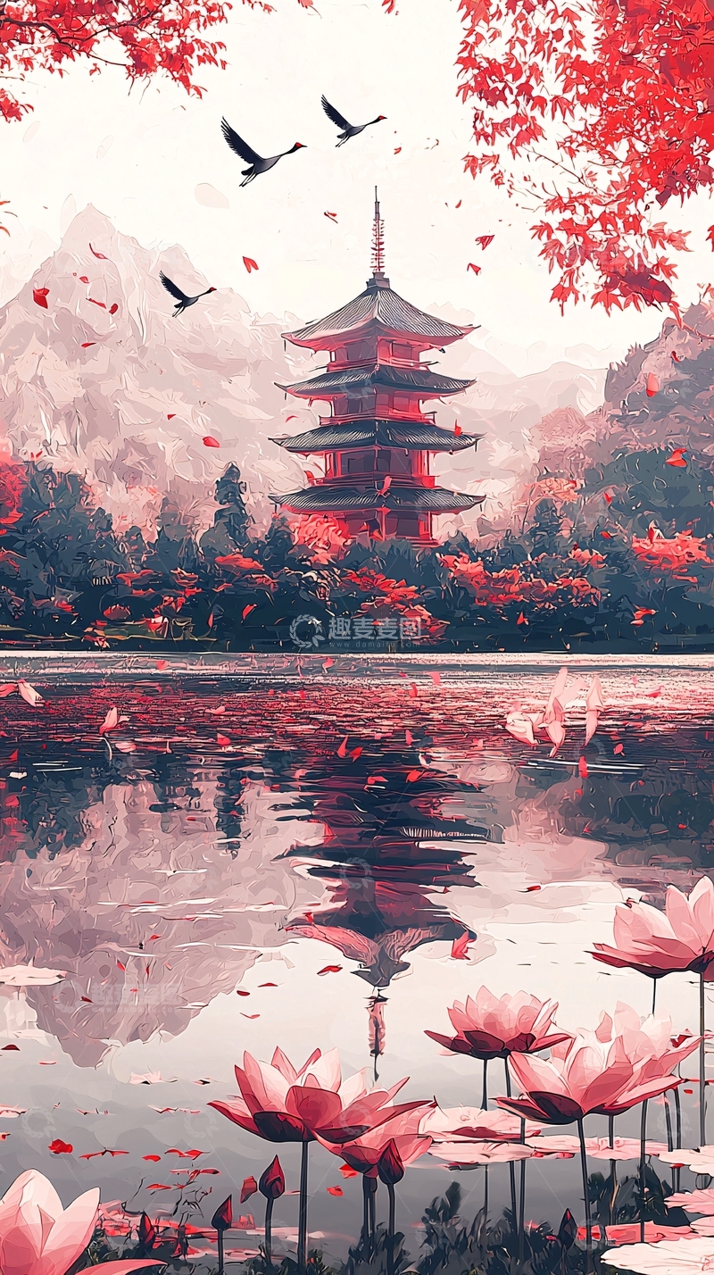 高清大图下载【趣麦麦图】日式寺庙湖面倒影红叶