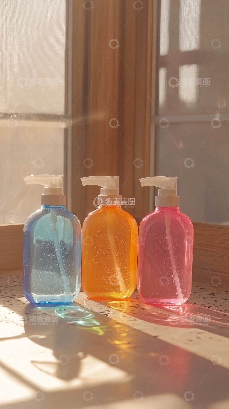 高清大图下载【趣麦麦图】阳光洒在三瓶洗手液上