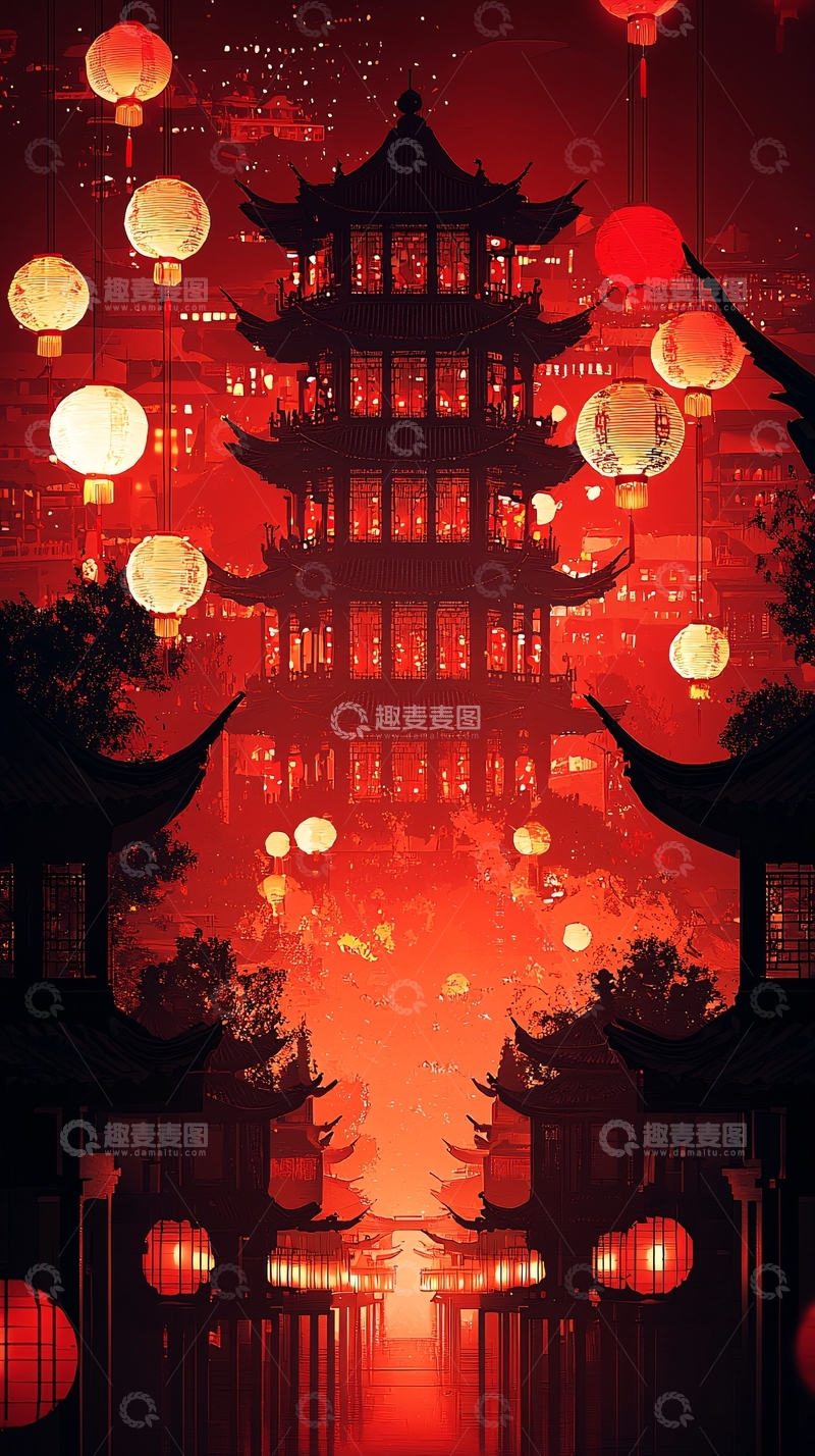 高清大图下载【趣麦麦图】红色灯笼照亮的中国宝塔夜景
