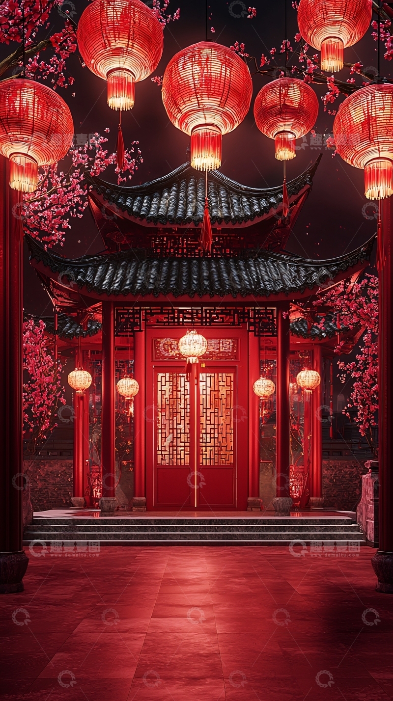 高清大图下载【趣麦麦图】红灯笼下的中式建筑