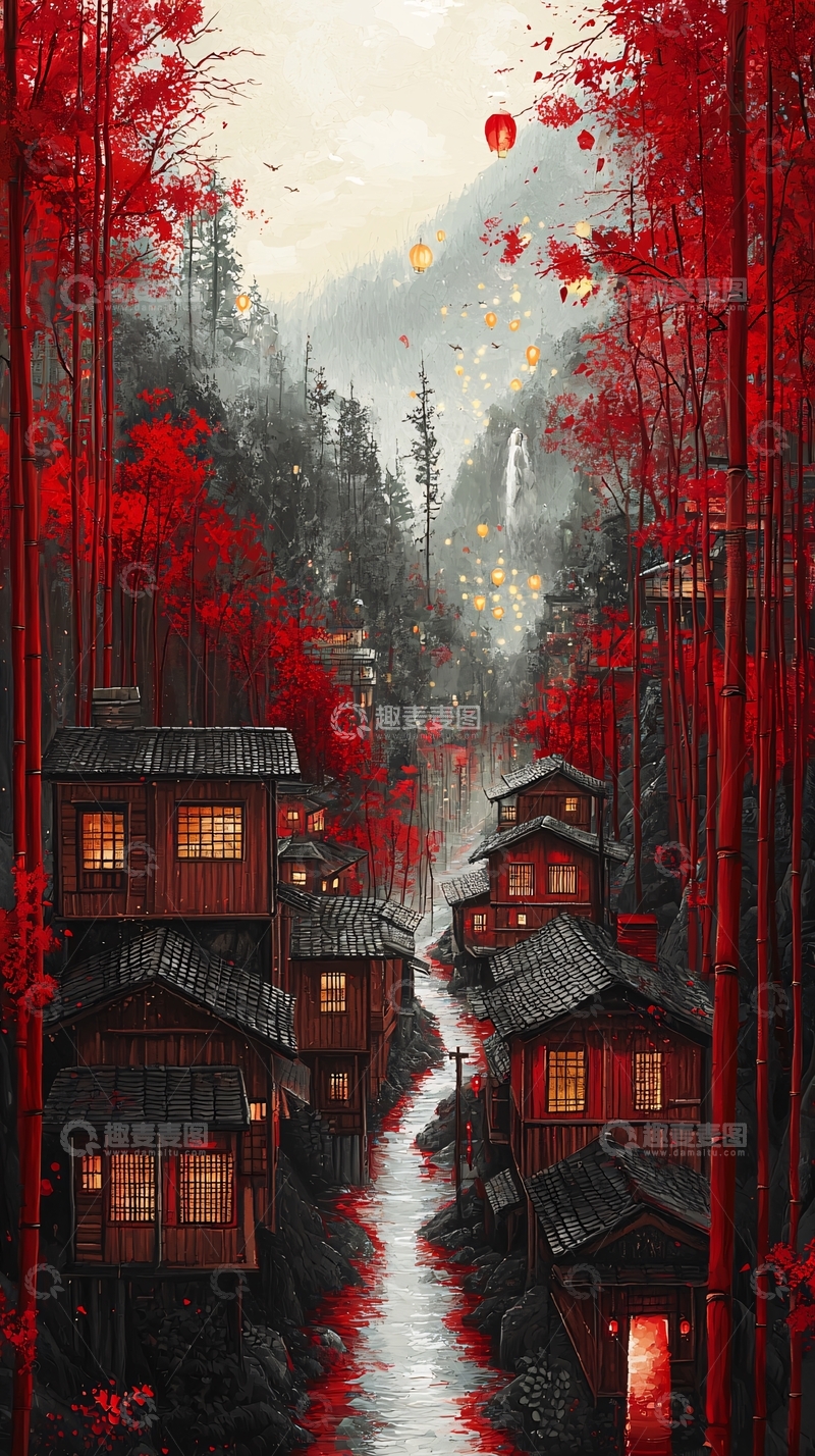 高清大图下载【趣麦麦图】红枫林溪边村庄