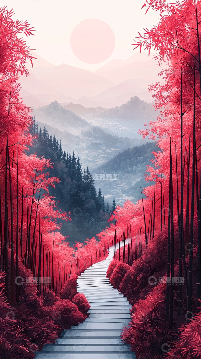 高清大图下载【趣麦麦图】红色竹林山水路径