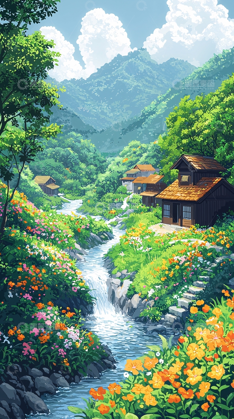高清大图下载【趣麦麦图】美丽如画的山间村庄景色