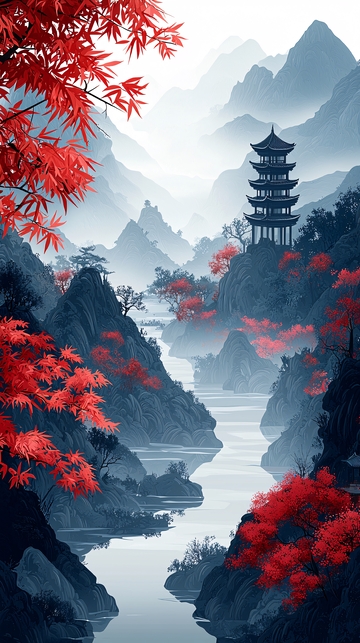 红叶掩映下的宝塔仙境