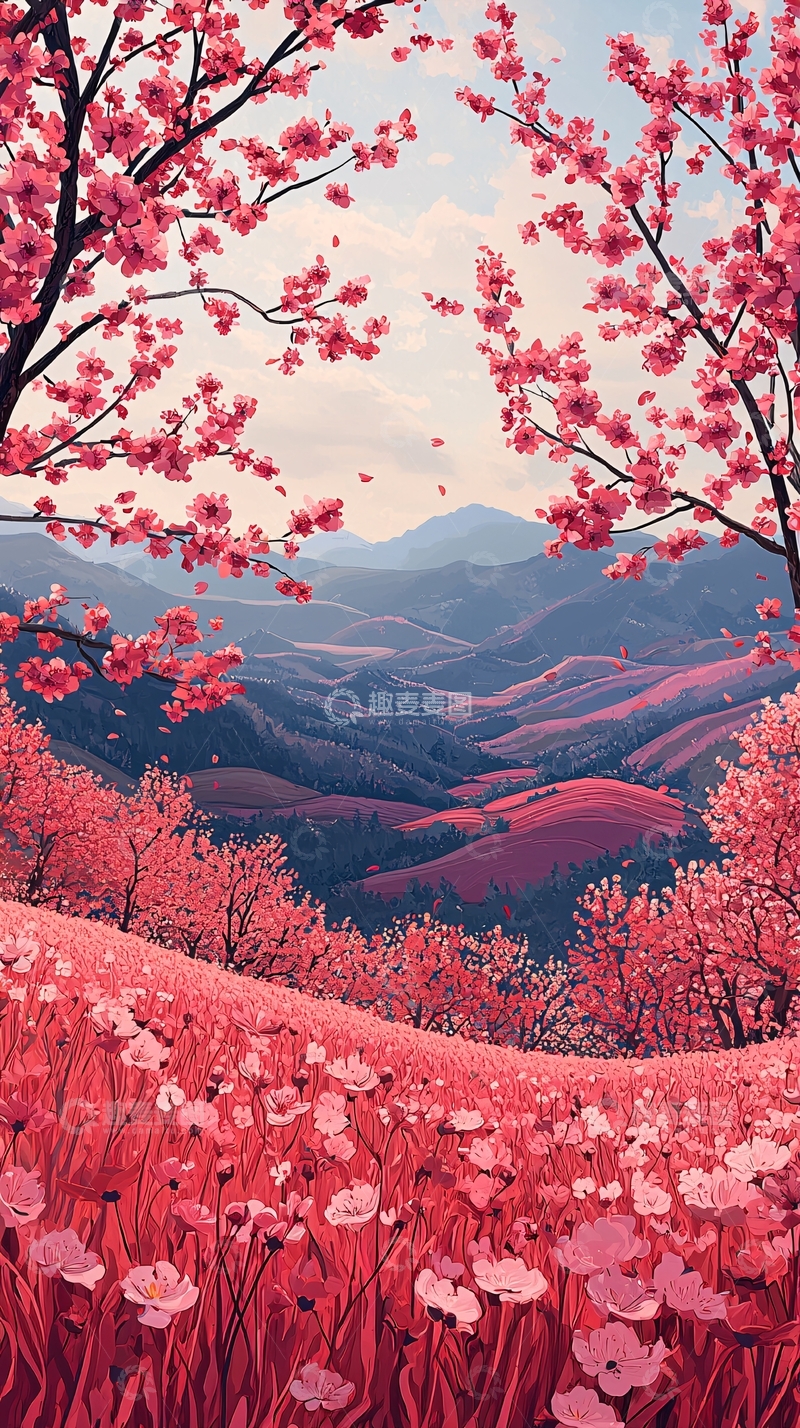 高清大图下载【趣麦麦图】粉红色樱花山谷