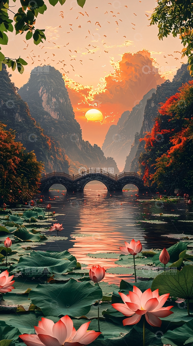 高清大图下载【趣麦麦图】山水夕阳莲花桥