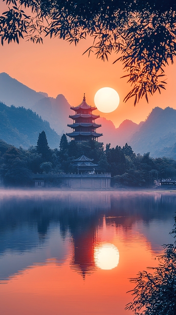 夕阳下的湖边古塔