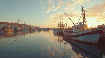 日落港口渔船倒影