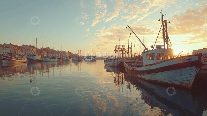 高清大图下载【趣麦麦图】日落港口渔船倒影