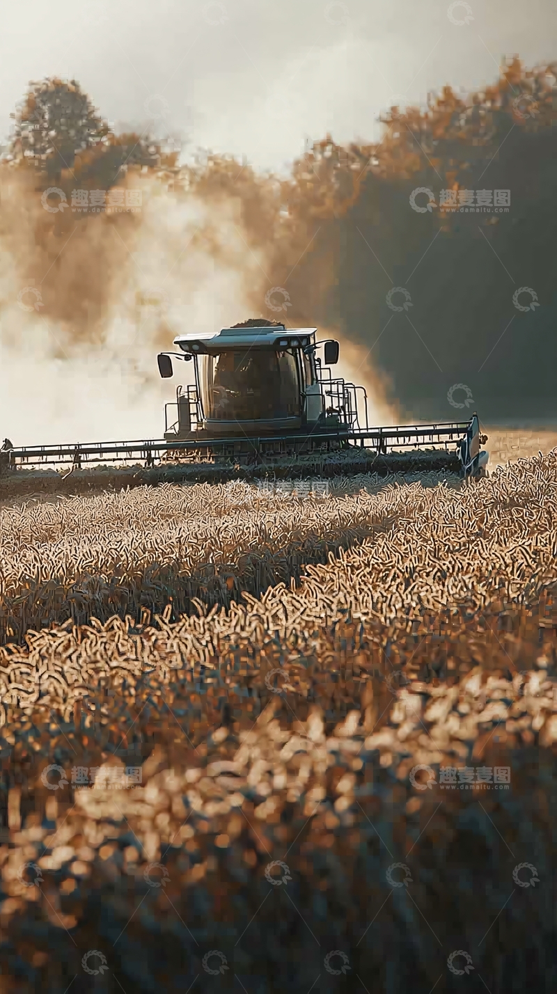高清大图下载【趣麦麦图】收获季节麦田收割机