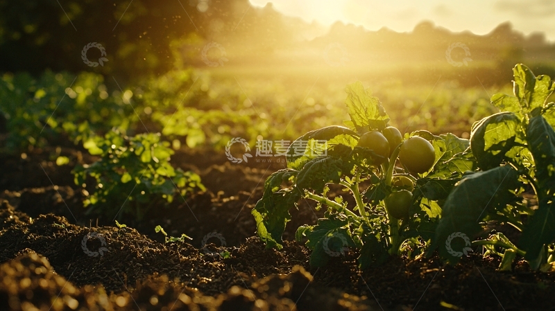 高清大图下载【趣麦麦图】日出田园番茄幼苗特写