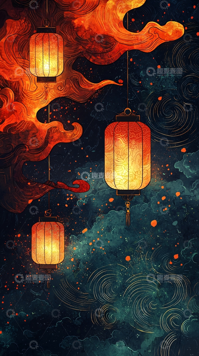 高清大图下载【趣麦麦图】中国风灯笼与水墨祥云夜空