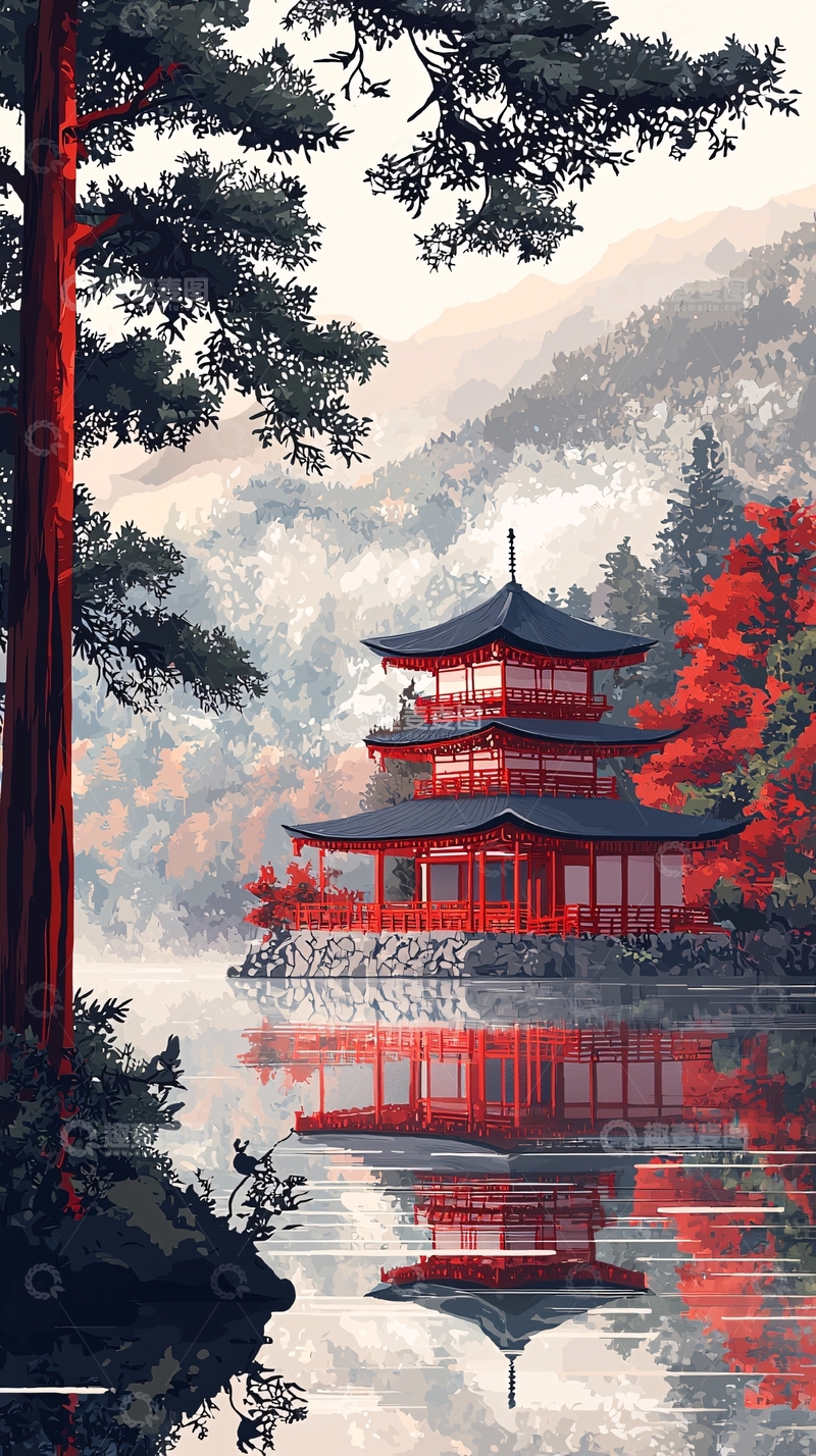 高清大图下载【趣麦麦图】红色日式寺庙湖面倒影
