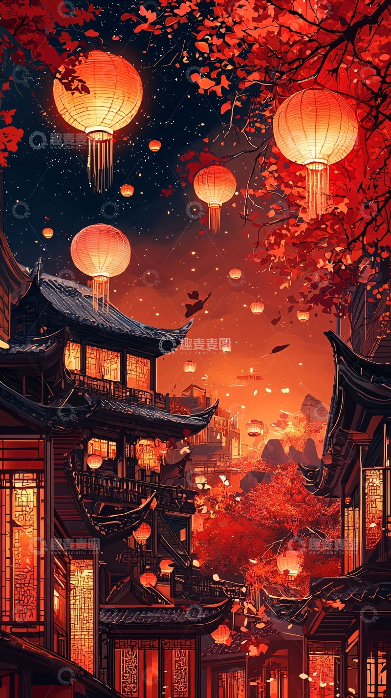 高清大图下载【趣麦麦图】红灯笼映照下的古风建筑群