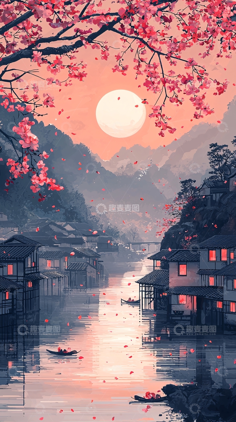 高清大图下载【趣麦麦图】樱花水乡月夜景色