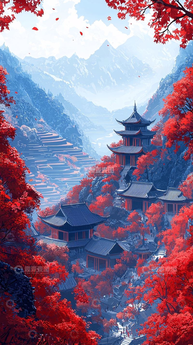 高清大图下载【趣麦麦图】中国风山水红叶寺庙