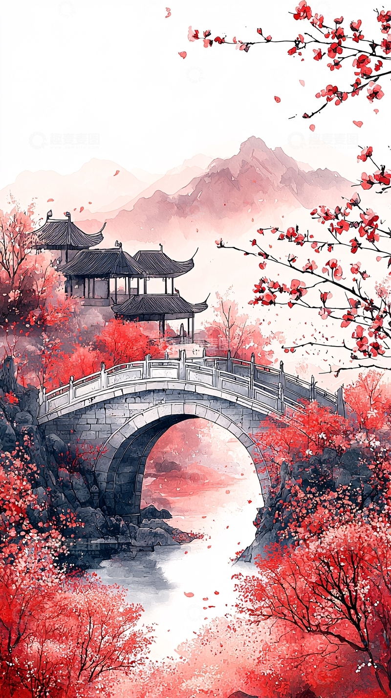高清大图下载【趣麦麦图】中国风山水红梅桥亭