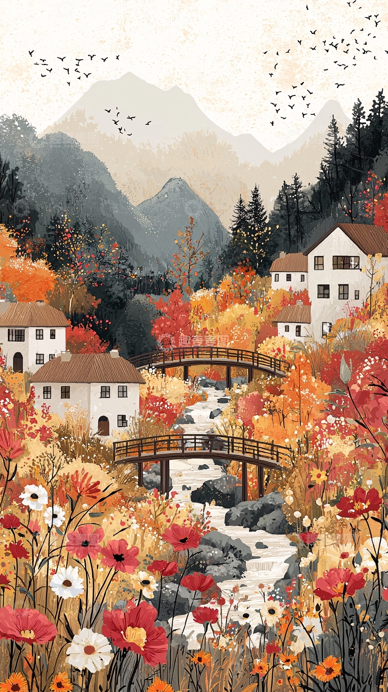 高清大图下载【趣麦麦图】秋日山间唯美村庄