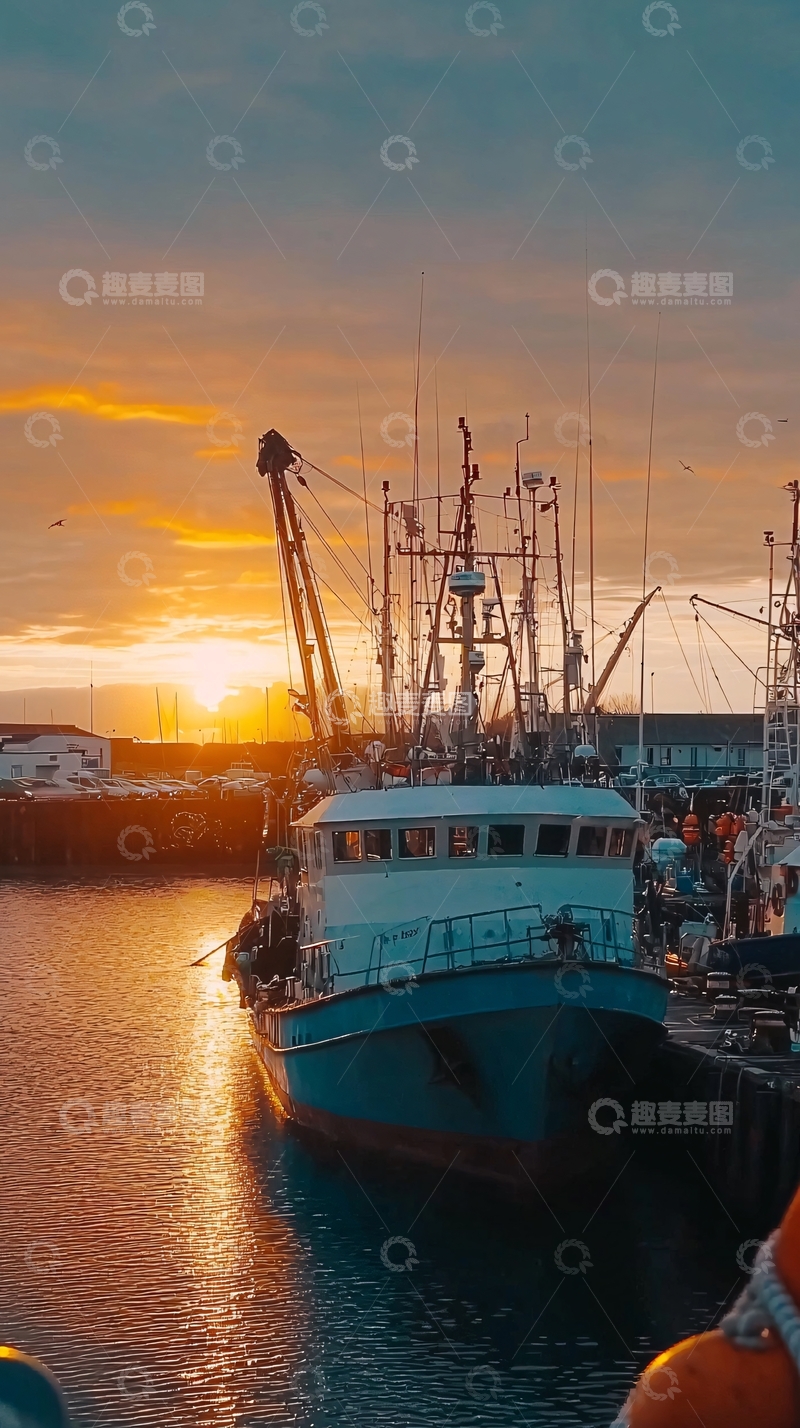 高清大图下载【趣麦麦图】-渔船日落港口停泊