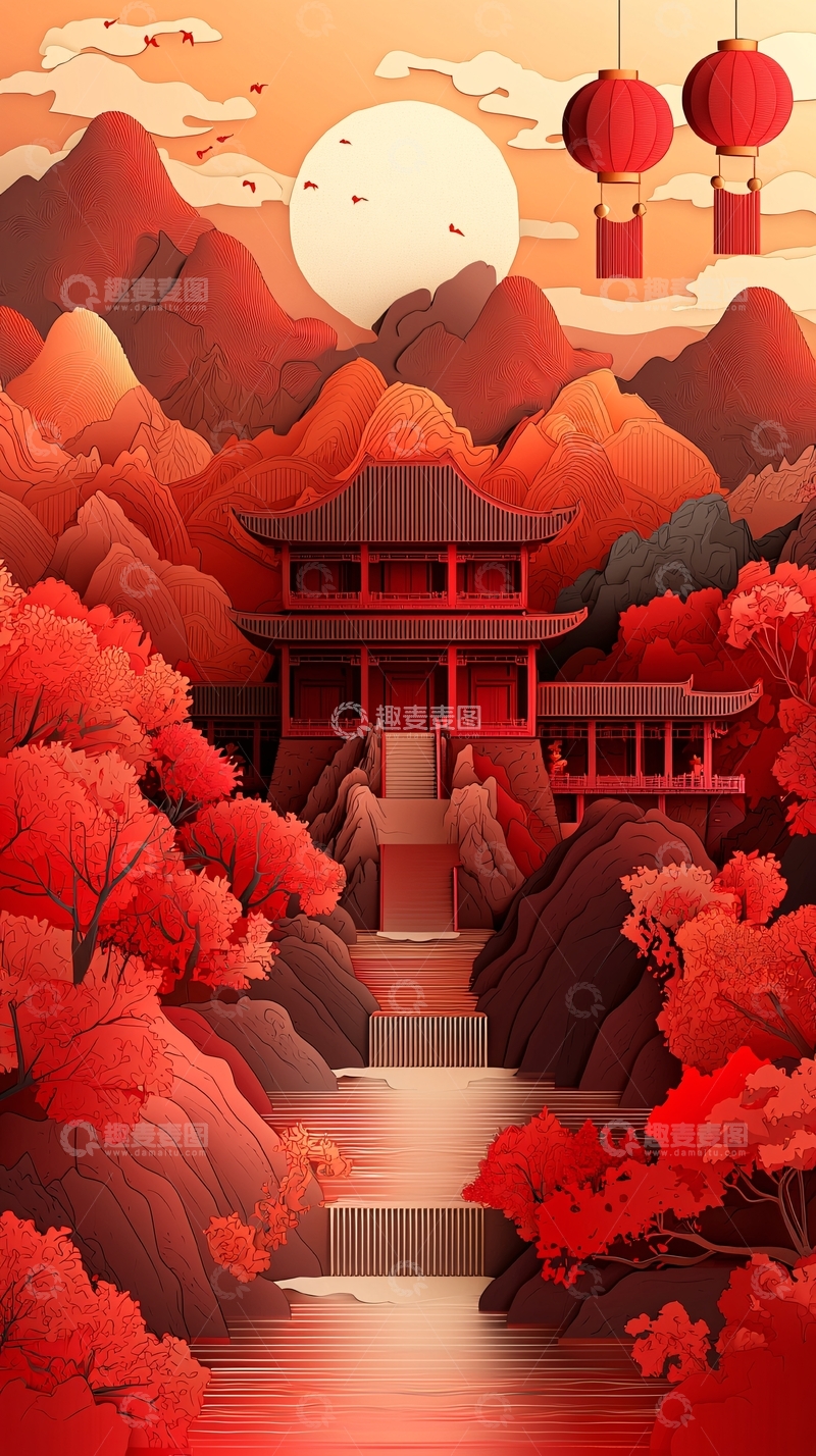 高清大图下载【趣麦麦图】红色山水间的中国建筑