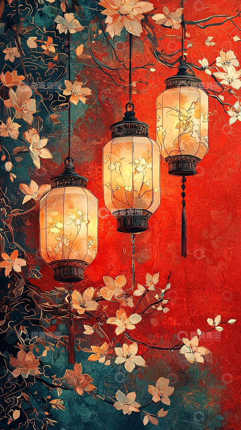 高清大图下载【趣麦麦图】灯笼与花朵的唯美意境