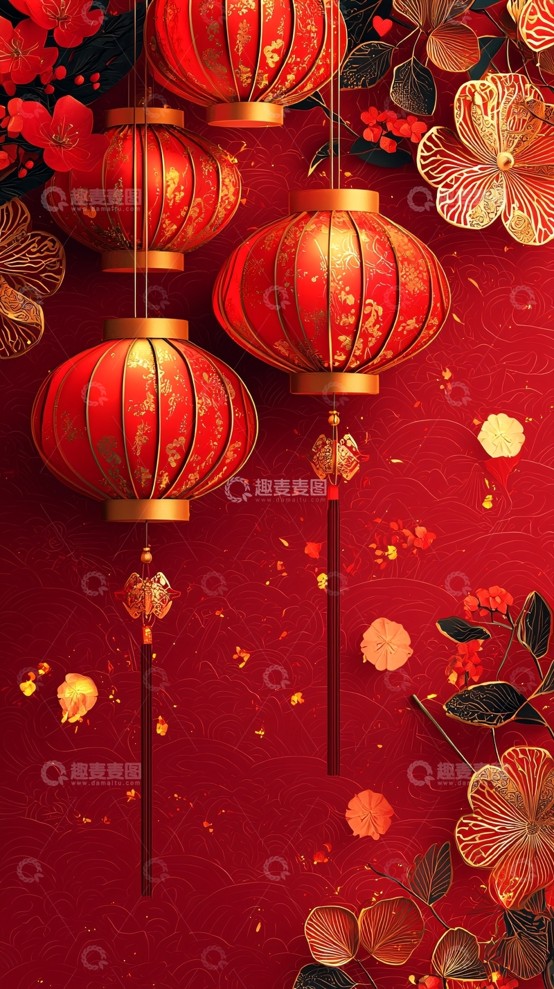 高清大图下载【趣麦麦图】红色灯笼与花朵的节日背景