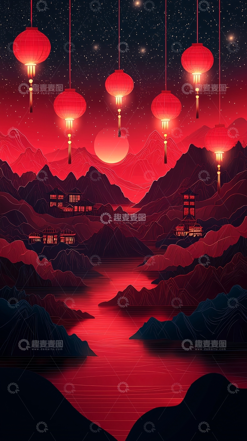 高清大图下载【趣麦麦图】红灯笼山川夜景