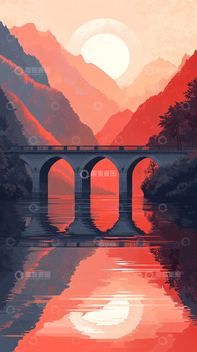 高清大图下载【趣麦麦图】日落山谷拱桥倒影