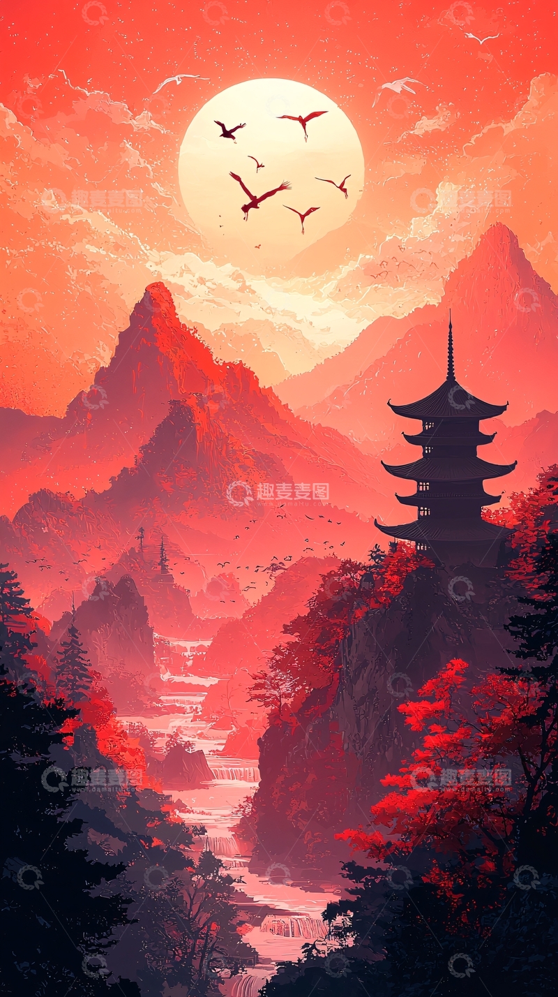 高清大图下载【趣麦麦图】红色山水日出飞鸟