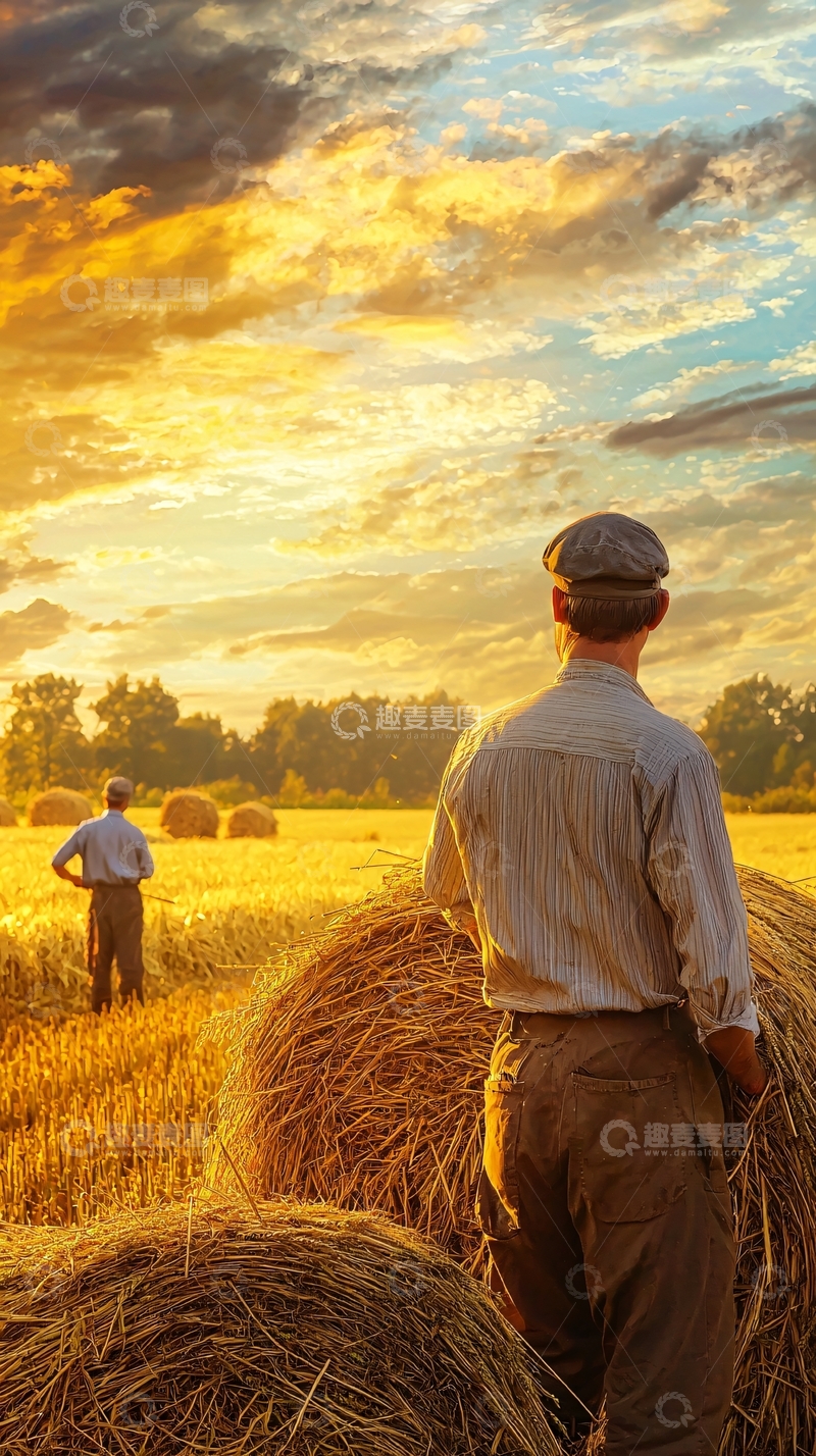 高清大图下载【趣麦麦图】夕阳下农田里劳作的农民