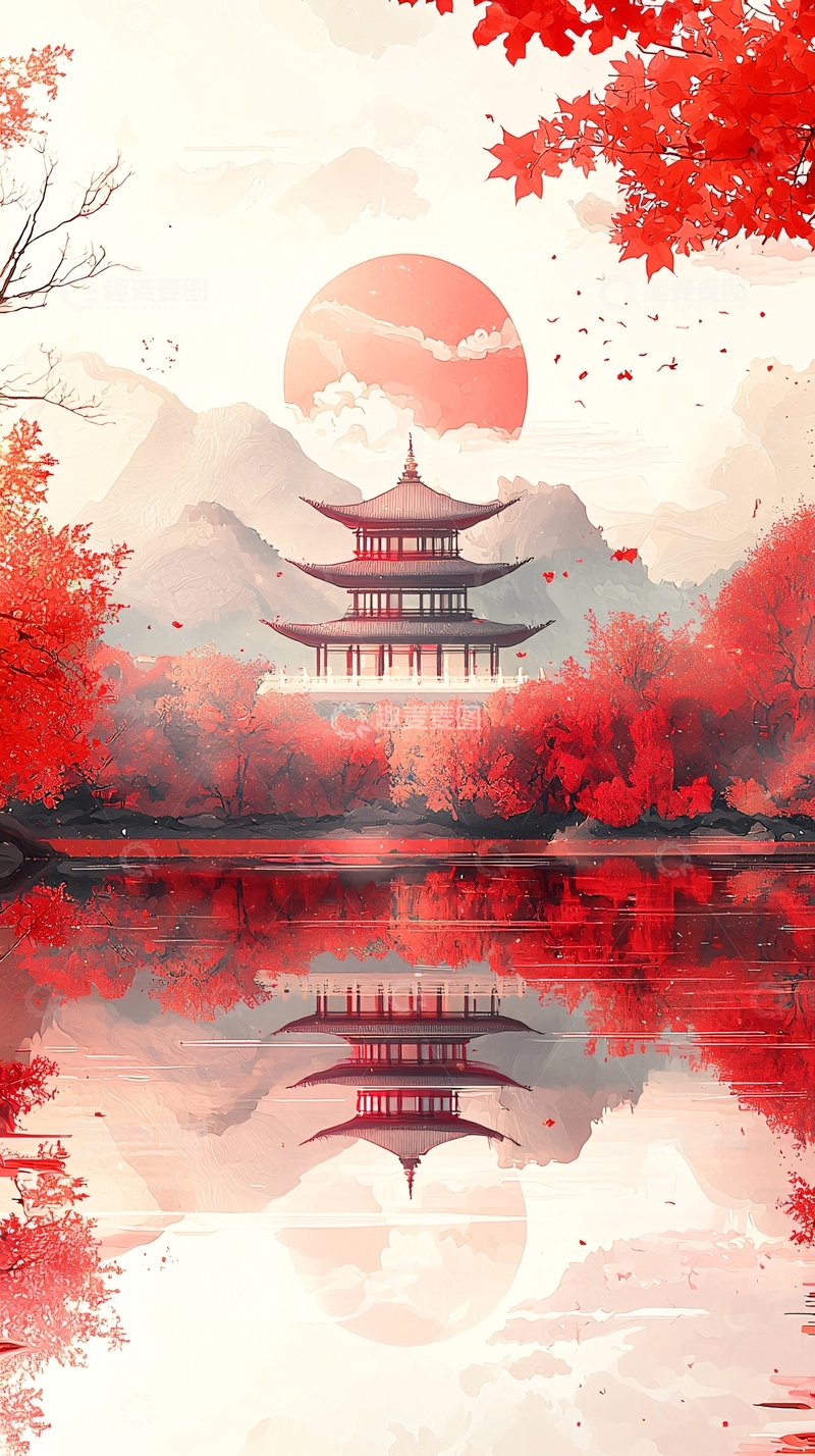 高清大图下载【趣麦麦图】红枫叶下的日式寺庙