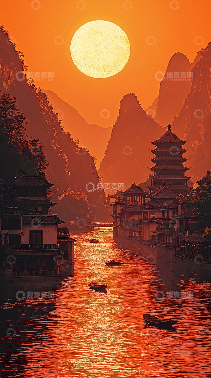 高清大图下载【趣麦麦图】夕阳下的中国古镇