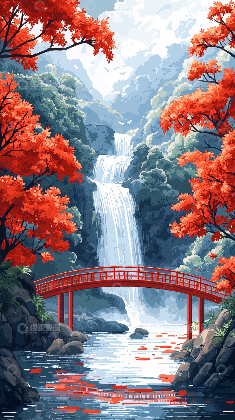 高清大图下载【趣麦麦图】红叶瀑布小桥流水人家