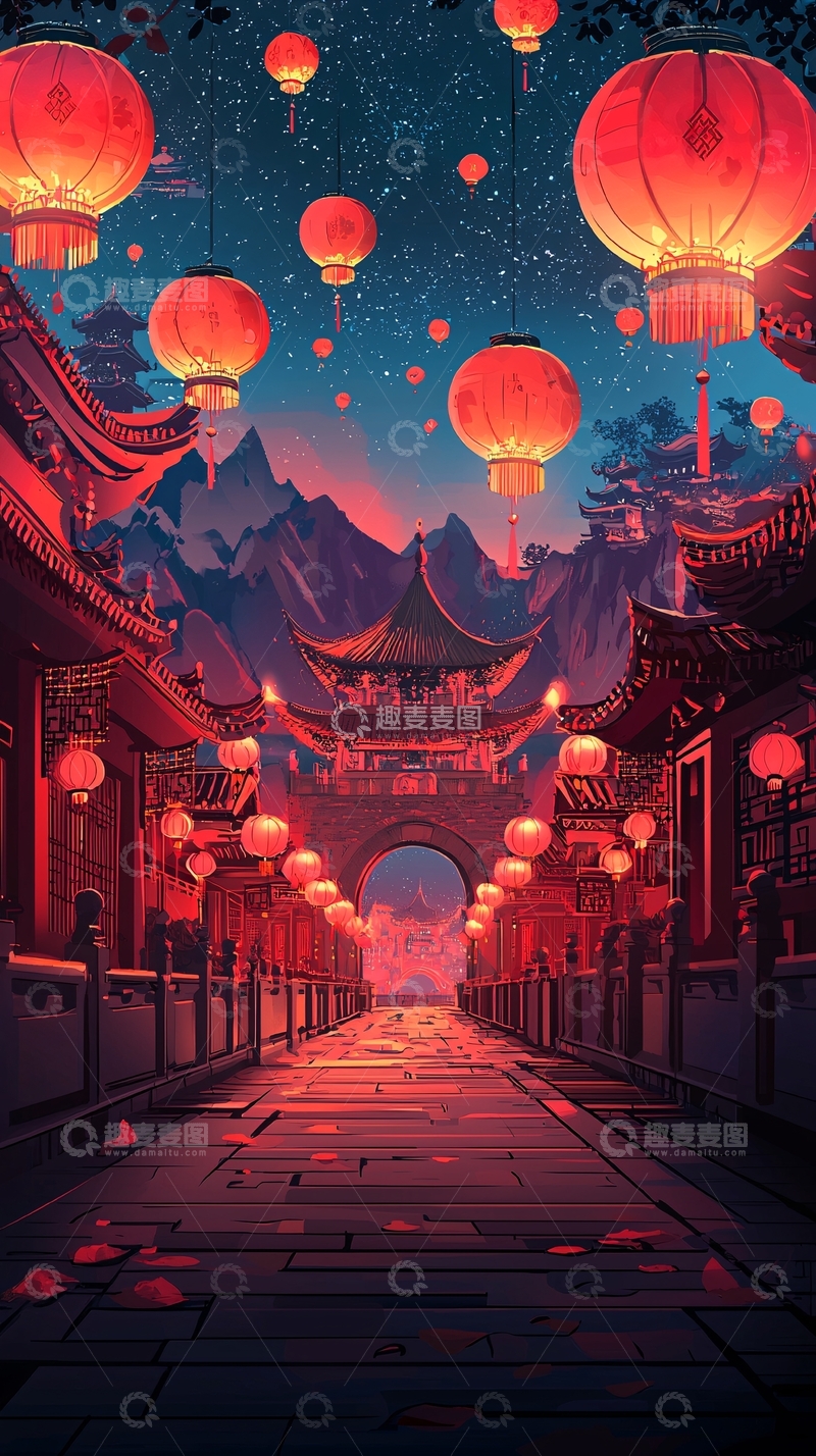 高清大图下载【趣麦麦图】红色灯笼高挂的东方夜景